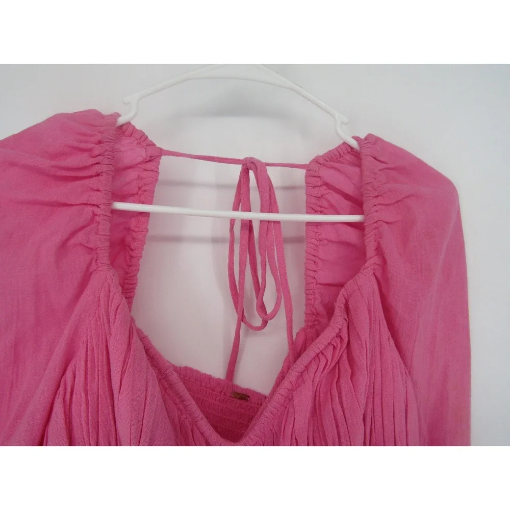 Free People Peplum Top Womens Small Pink Smocked Puff Sleeve Tie Back Boho